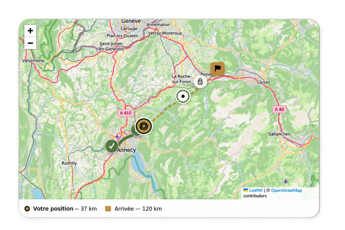 Exemple de progression d’une aventure Explore entre Annecy et l’arrivée