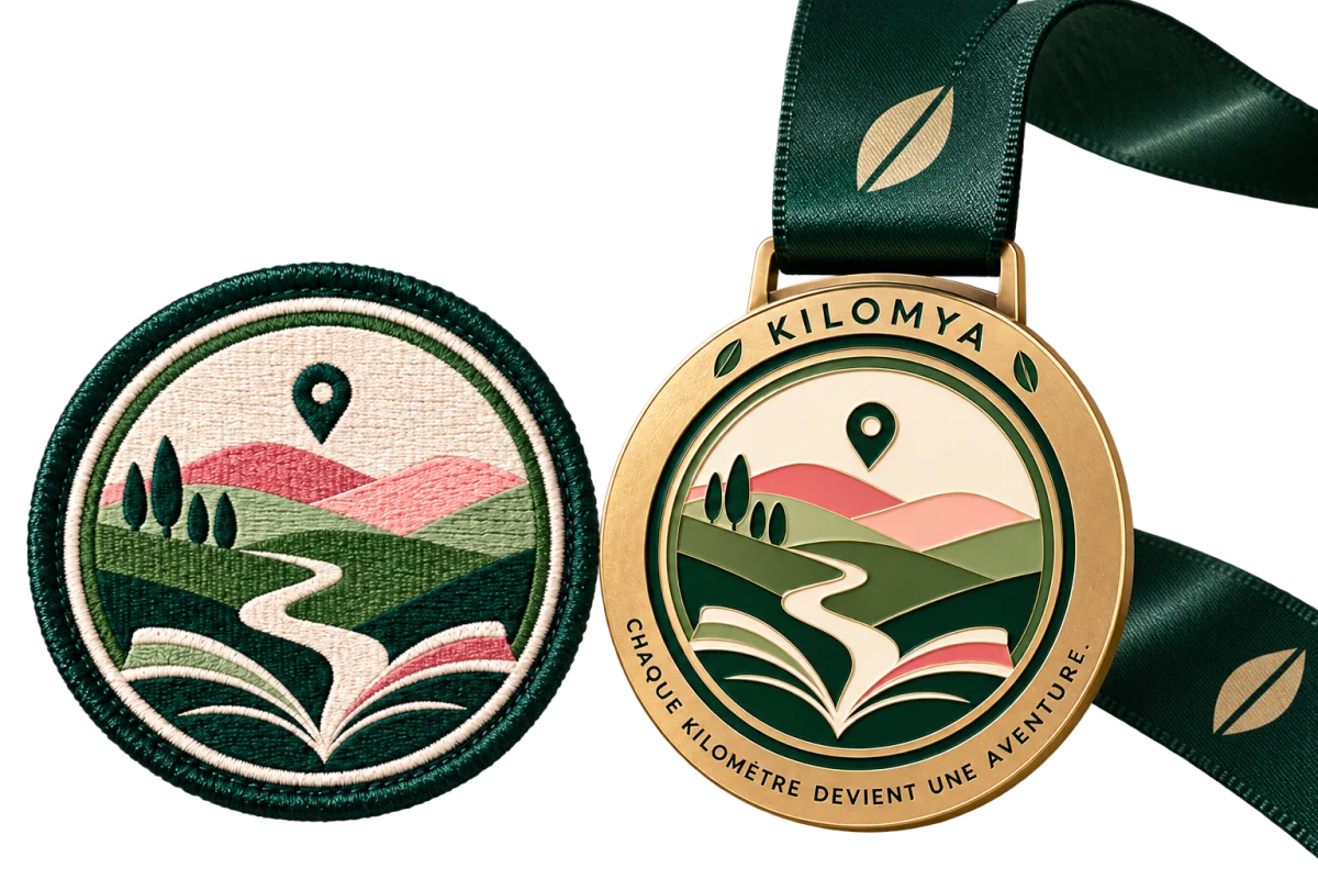 Exemple d’écusson et de médaille Kilomya pour les aventures Explore