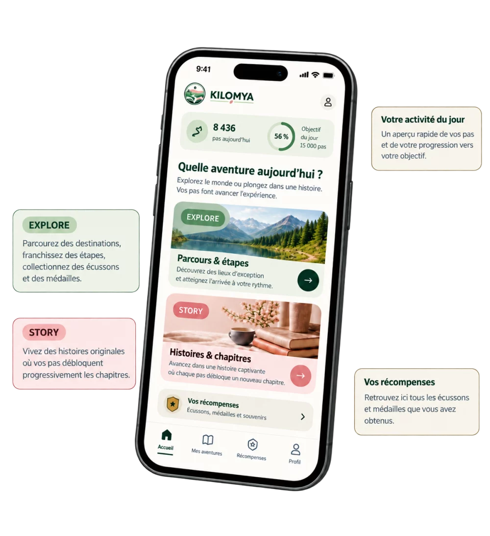 Aperçu de l’application Kilomya avec les univers Explore et Story