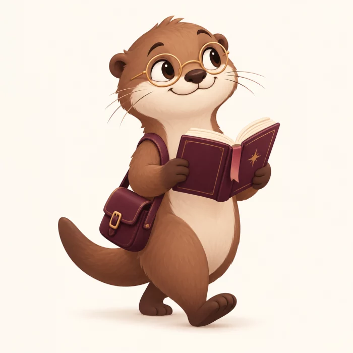 Mascotte loutre Story Kilomya lisant un livre
